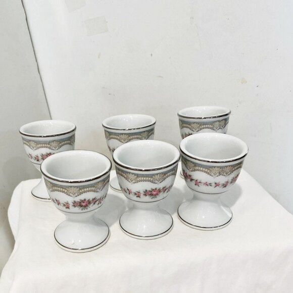 Noritake Porcelain Egg Cups Pink Roses Floral Silver Rim Set of 6 Japan Vintage - Picture 1 of 6